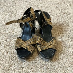 Women's Snake-Print Ankle-Strap Heeled Sandals - Tan/Black